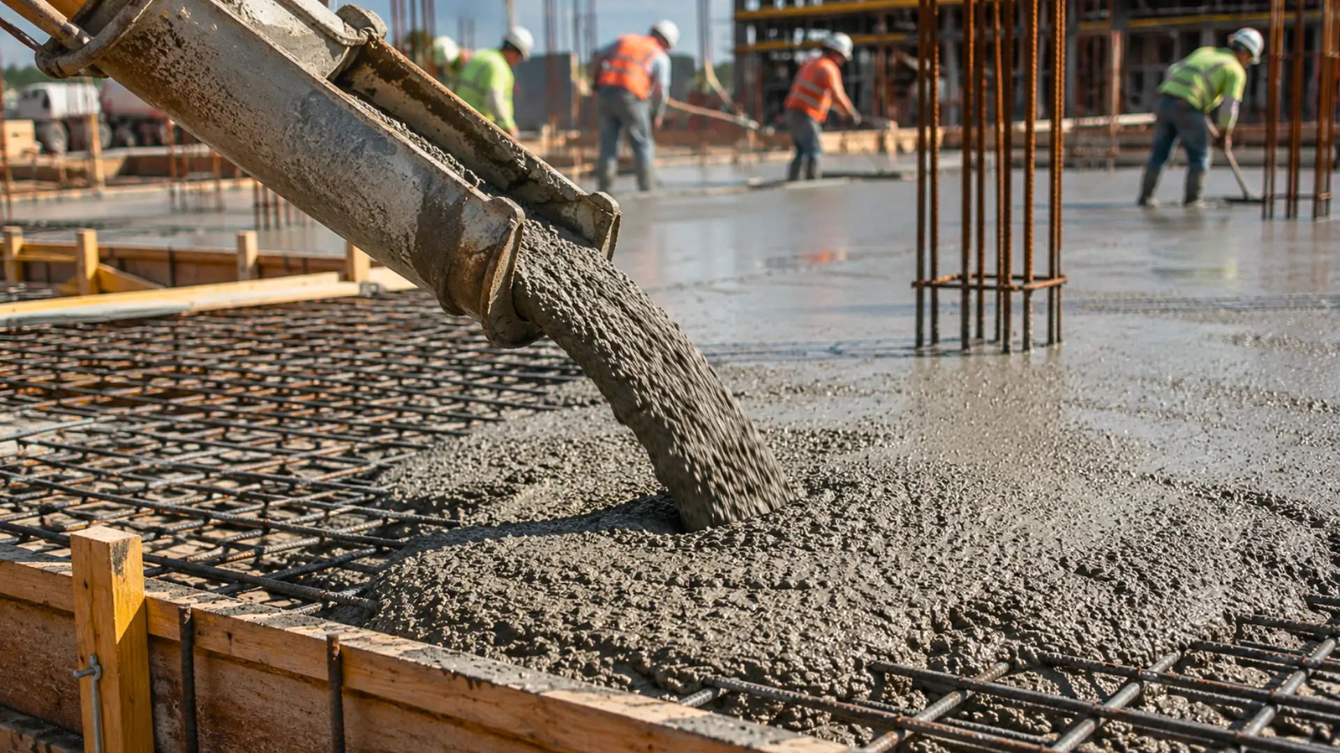 Béton frais coulé sur une dalle de construction avec armatures métalliques sur un chantier moderne