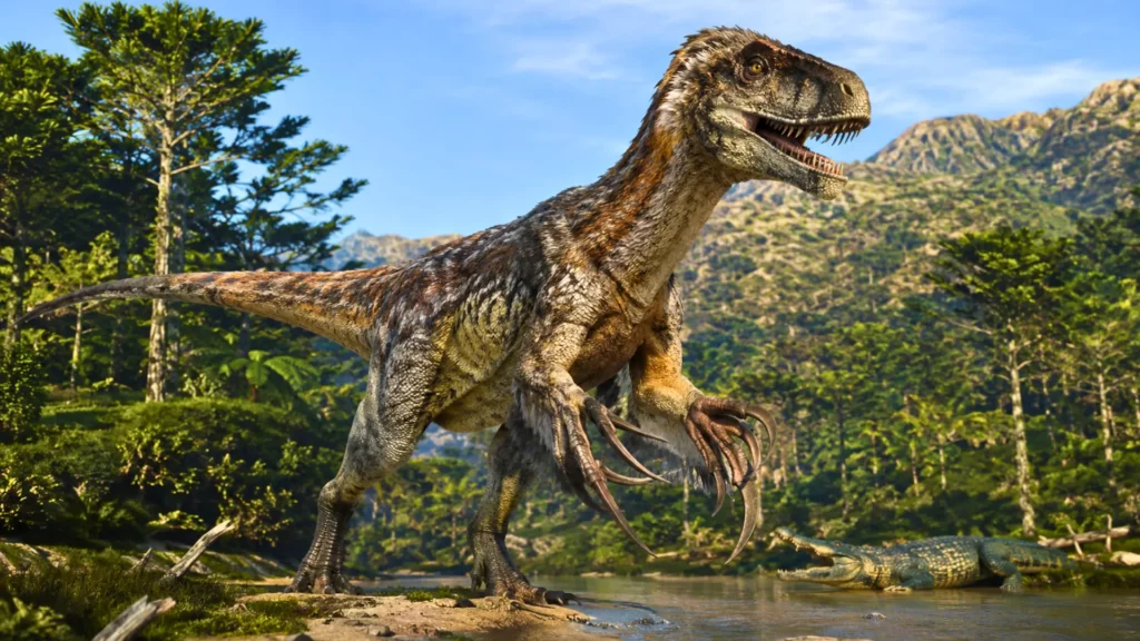 Illustration photoréaliste de Joaquinraptor casali, un grand dinosaure carnivore aux griffes géantes, dans les plaines tropicales de Patagonie au Crétacé.