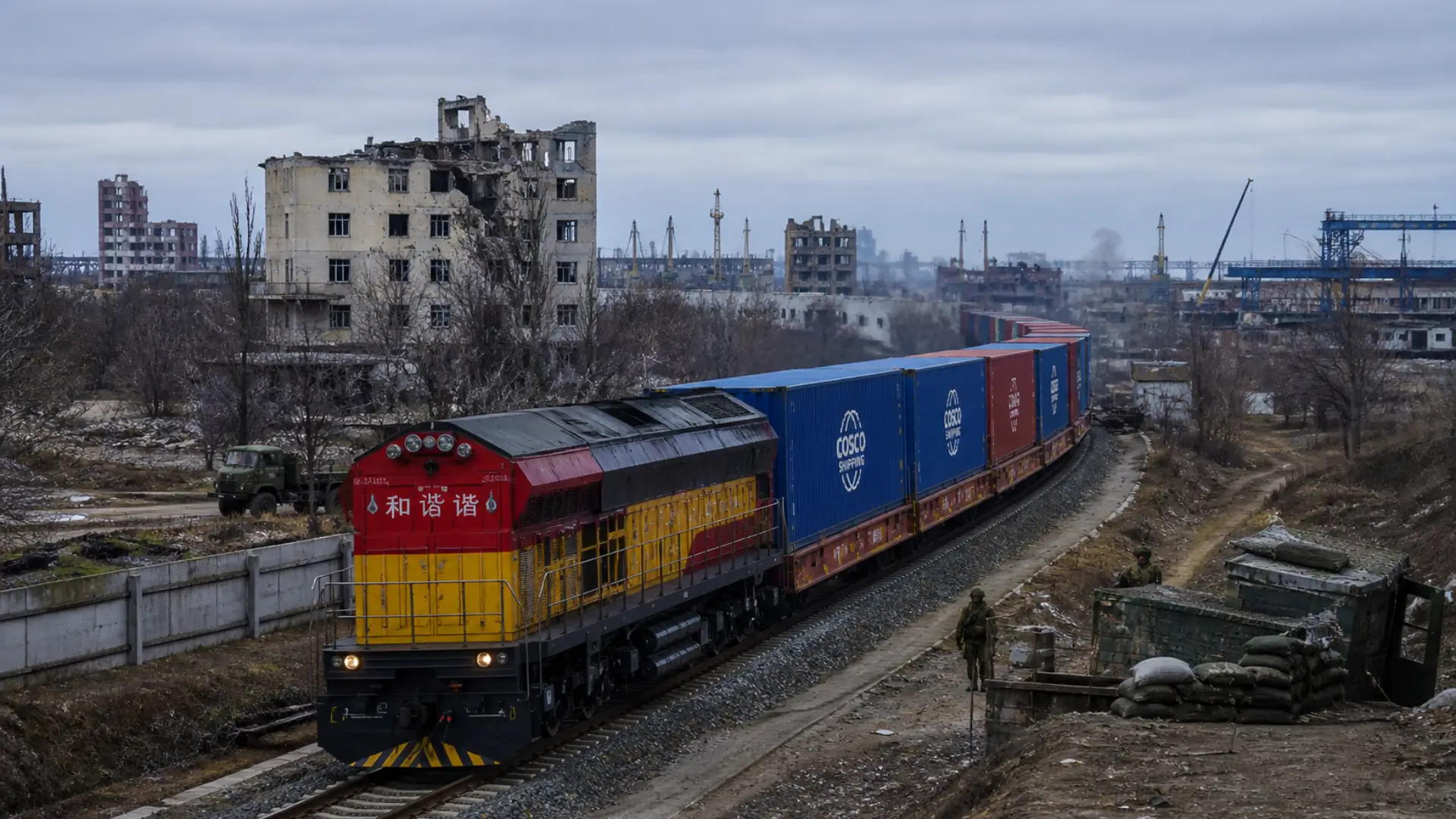 Train de marchandises chinois circulant dans une zone industrielle détruite en Ukraine avec présence militaire en arrière-plan