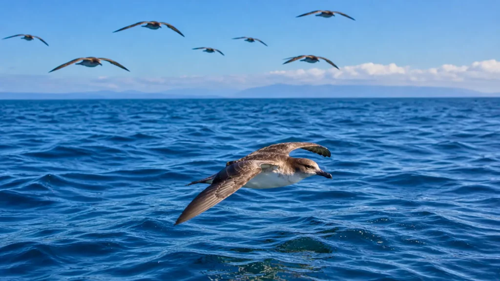 Puffin volant au ras de l’océan Pacifique lors de sa migration entre l’Australie et l’Alaska