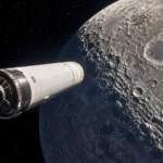Étage Falcon 9 dérivant près de la surface cratérisée de la Lune.