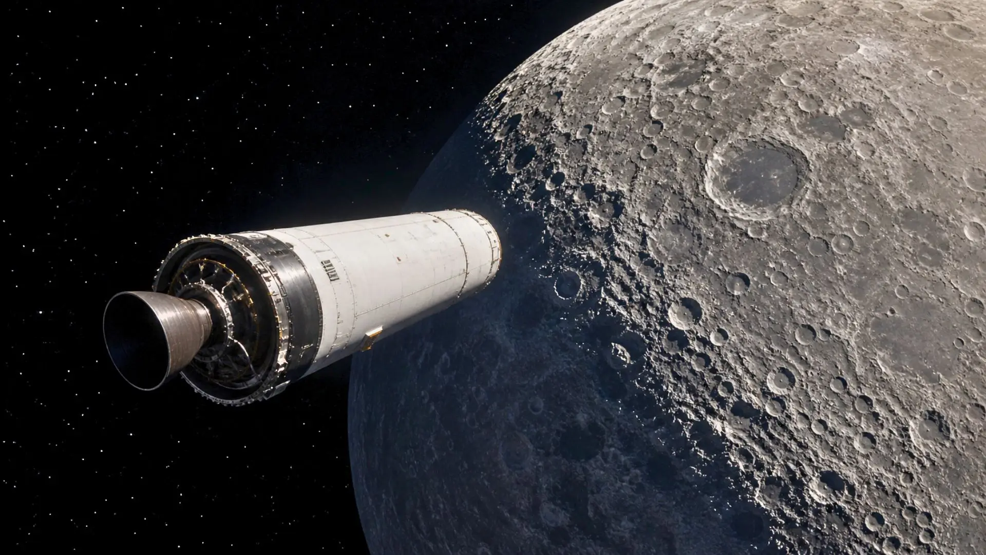 Étage Falcon 9 dérivant près de la surface cratérisée de la Lune.