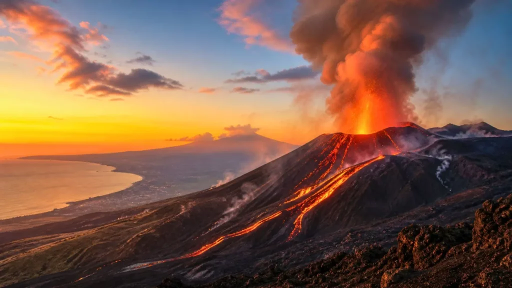 Etna en éruption avec coulées de lave au-dessus de la Sicile.