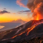 Etna en éruption avec coulées de lave au-dessus de la Sicile.
