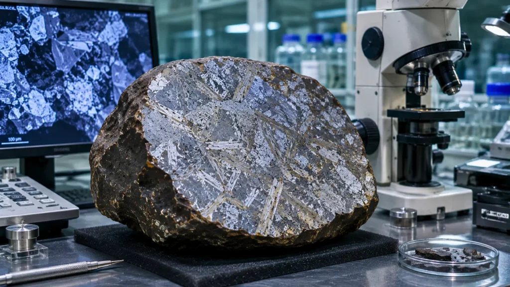 Météorite d’Elbogen analysée en laboratoire révélant une structure atomique de quasi-cristal rare
