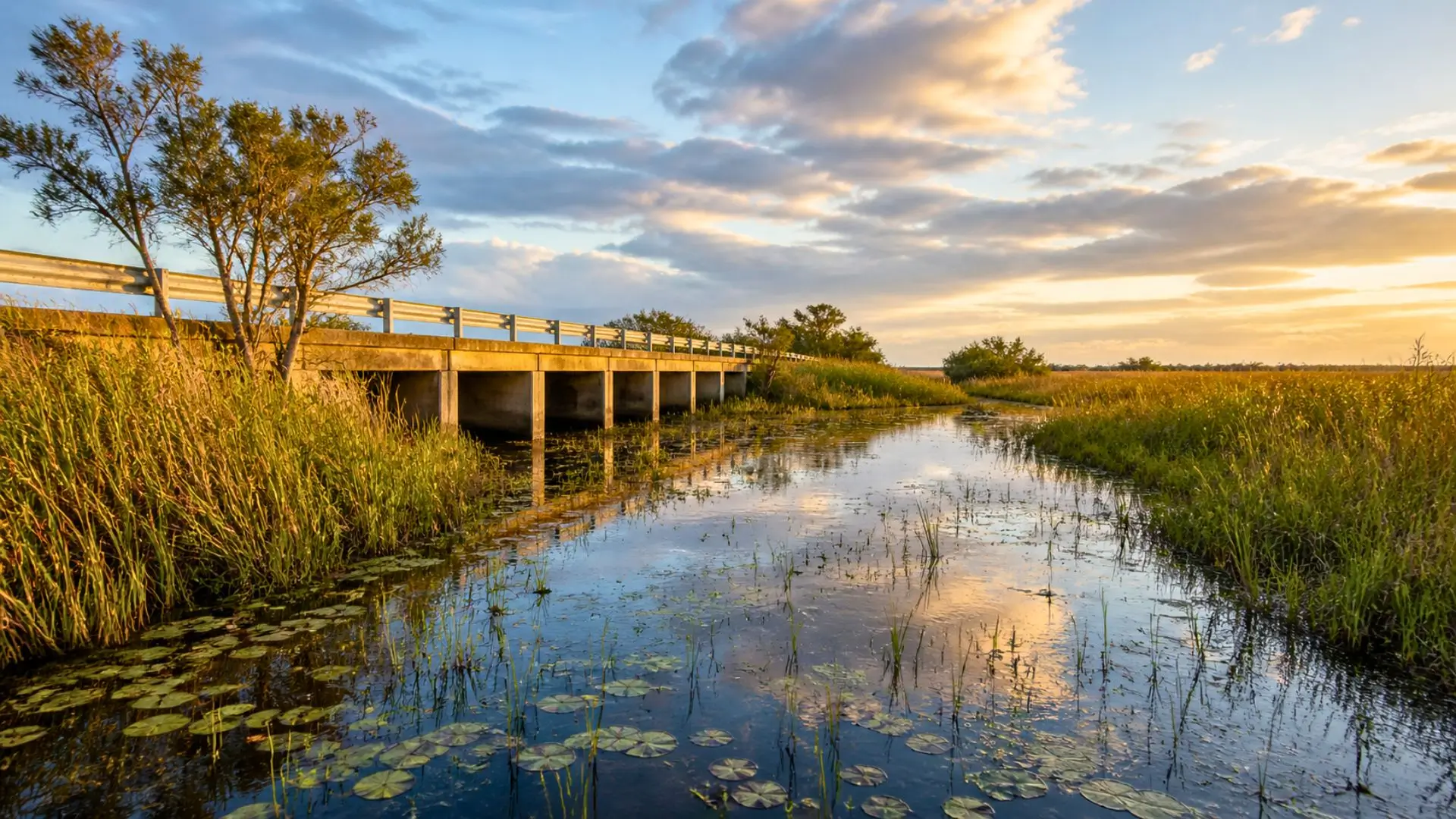 Marais des Everglades traversé par l’eau douce sous un pont discret