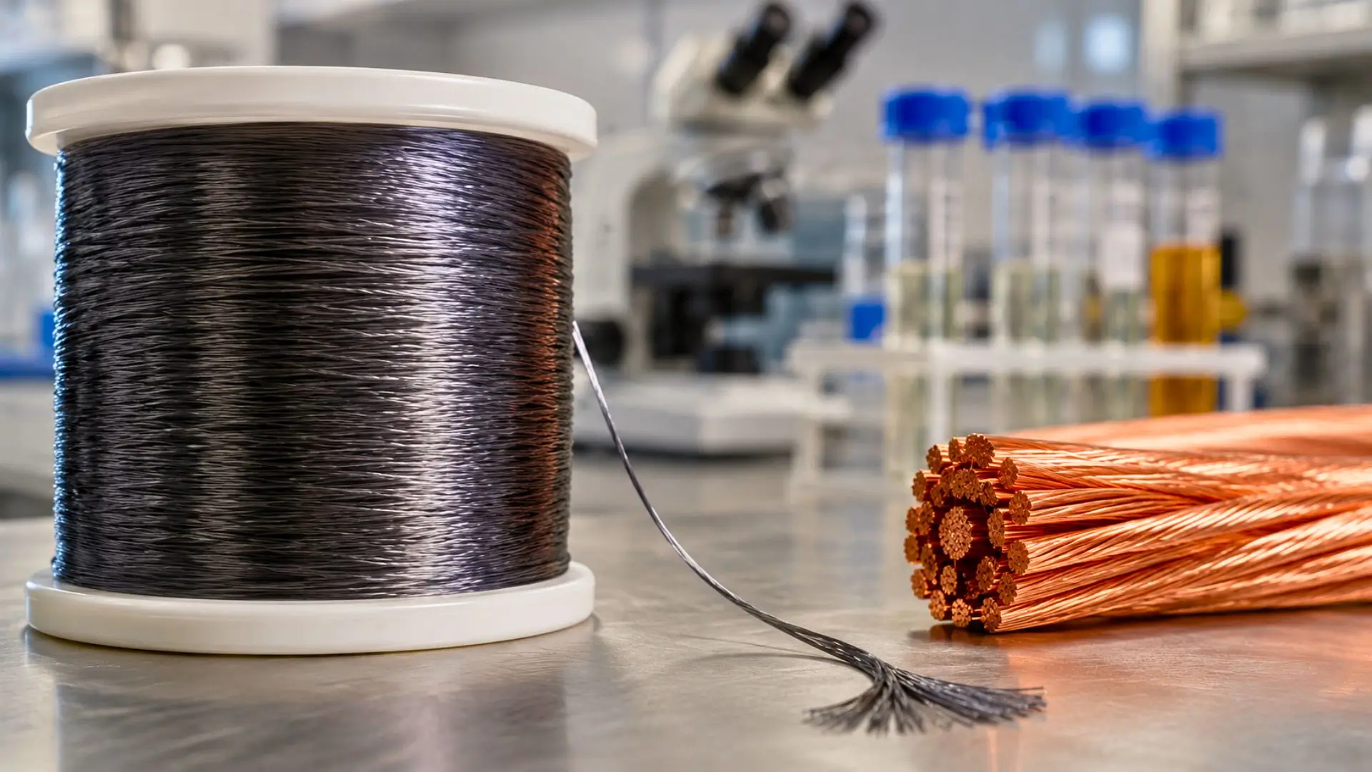 Bobine noire de fibre nanotube et faisceau de cuivre sur établi industriel.