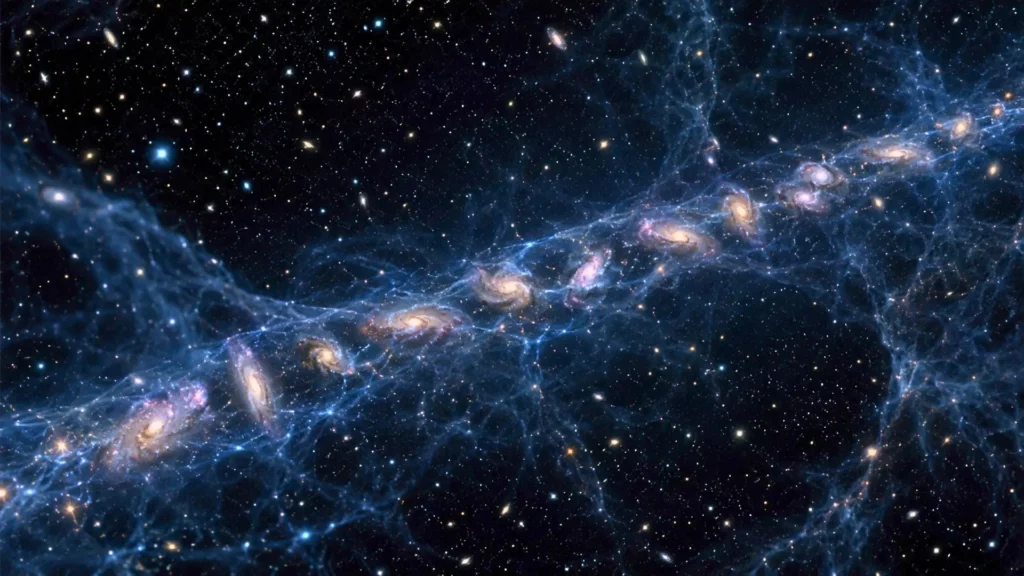 Chaîne diagonale de galaxies lointaines dans un champ d’étoiles sombre.