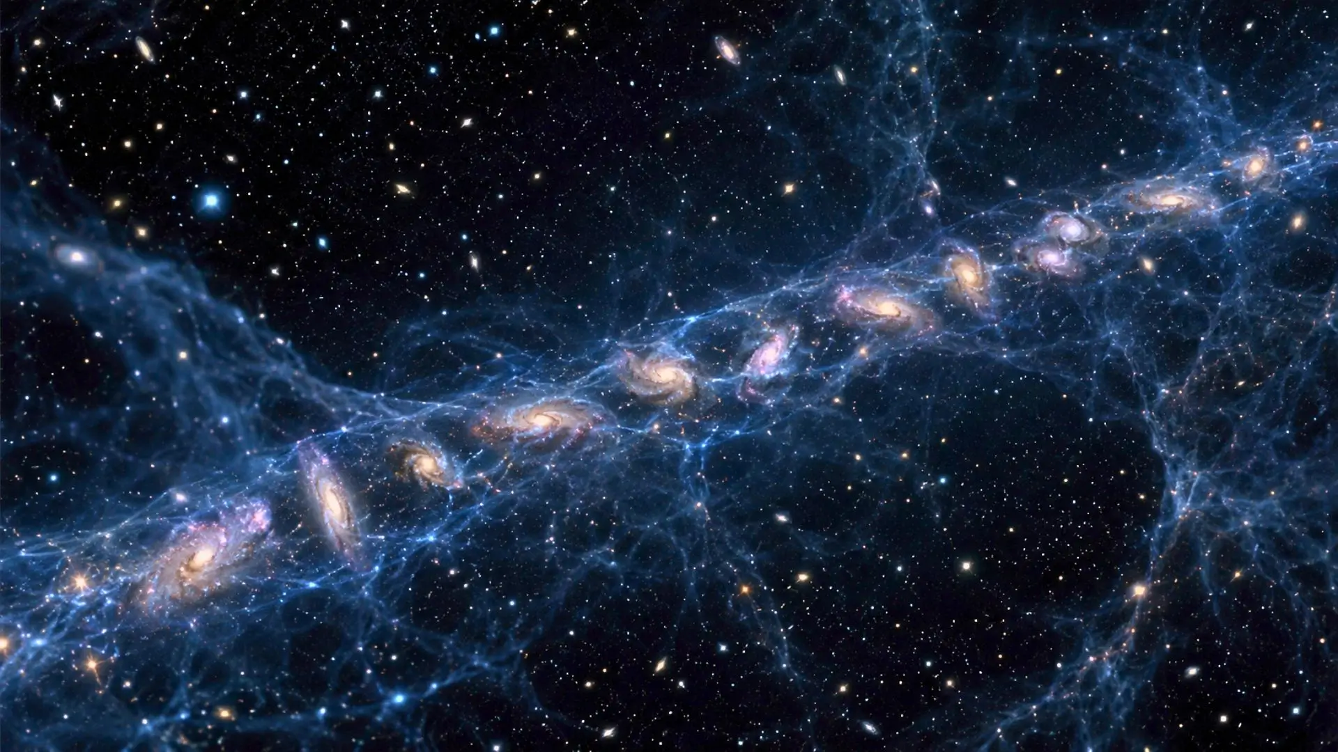 Chaîne diagonale de galaxies lointaines dans un champ d’étoiles sombre.