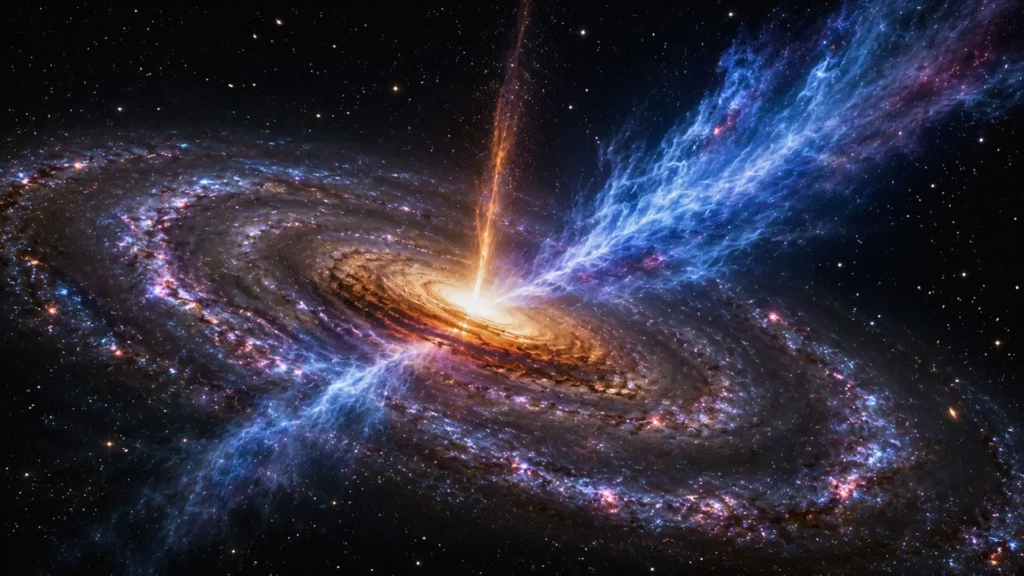 Galaxie spirale lumineuse avec noyau actif et vents cosmiques bleutés visibles.