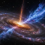 Galaxie spirale lumineuse avec noyau actif et vents cosmiques bleutés visibles.