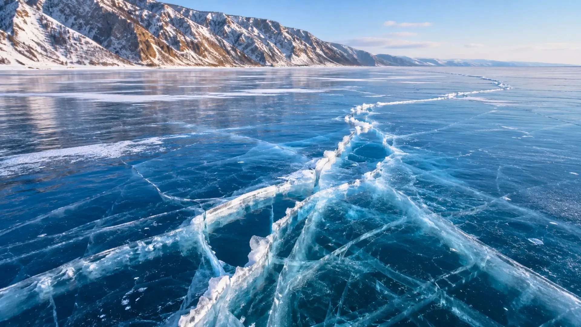 Glace bleue fissurée du lac Baïkal avec montagnes enneigées en arrière-plan.