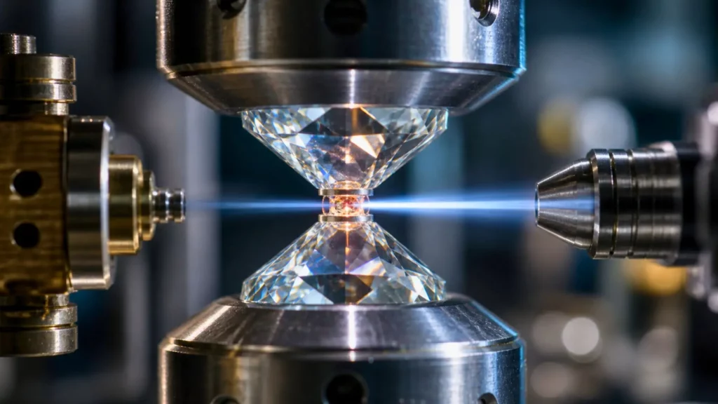 Microgoutte d’eau comprimée entre deux diamants dans un dispositif scientifique.