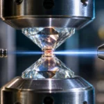 Microgoutte d’eau comprimée entre deux diamants dans un dispositif scientifique.