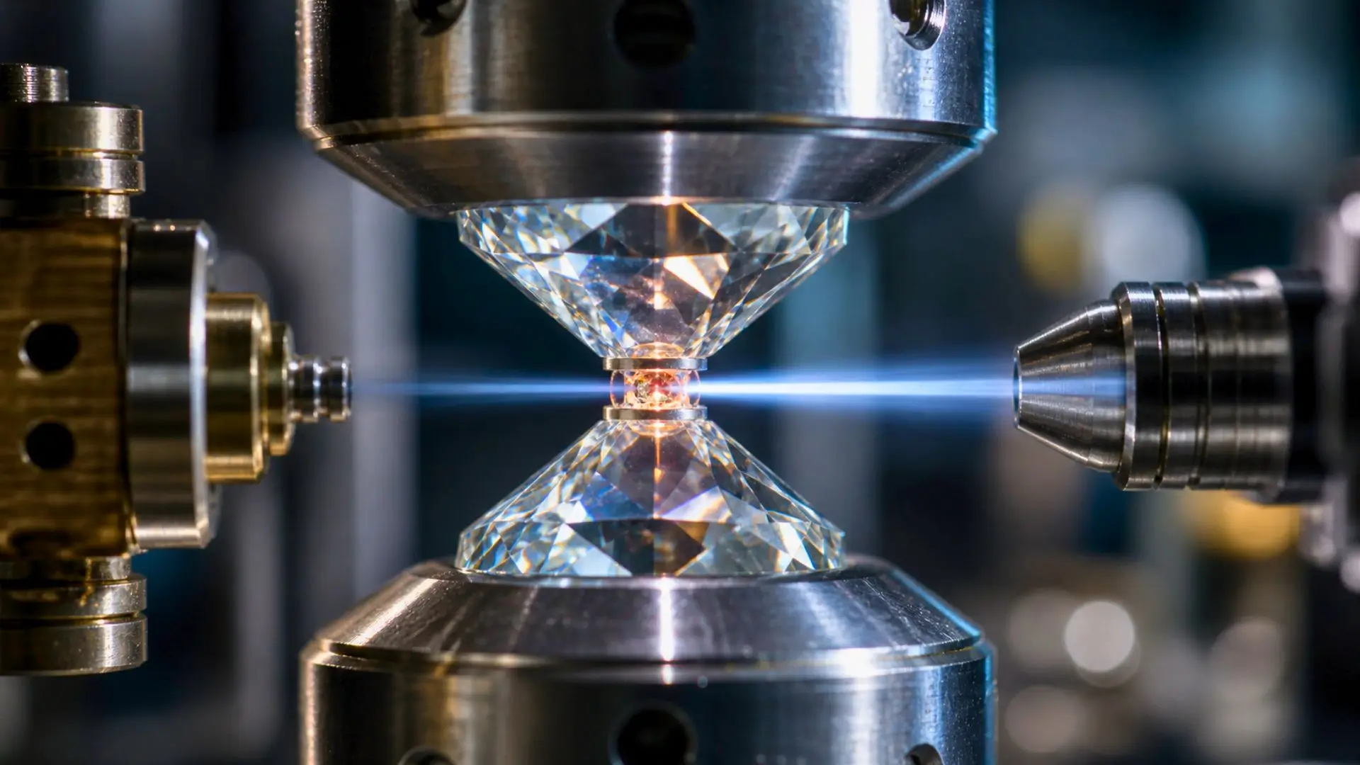 Microgoutte d’eau comprimée entre deux diamants dans un dispositif scientifique.