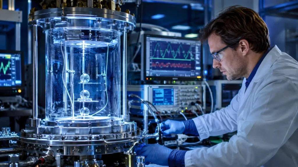 Scientifique manipulant un cryostat contenant des cristaux magnétiques ultra-purs dans un laboratoire de recherche quantique refroidi près du zéro absolu.