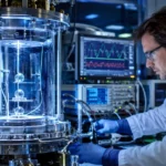 Scientifique manipulant un cryostat contenant des cristaux magnétiques ultra-purs dans un laboratoire de recherche quantique refroidi près du zéro absolu.
