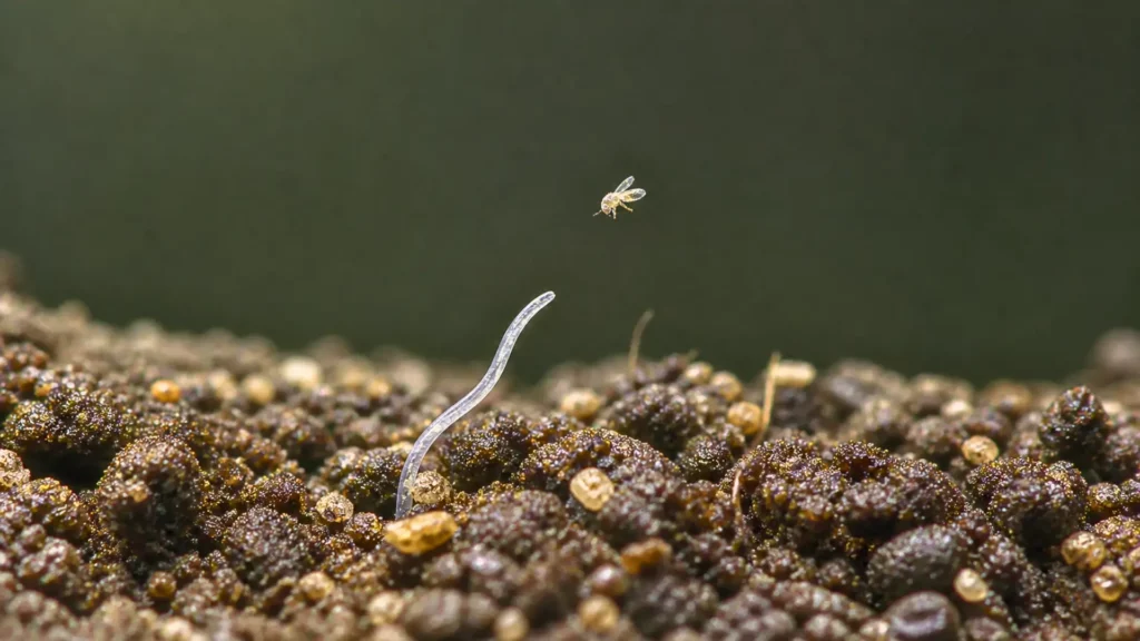 ver microscopique sautant depuis le sol pour attraper un petit insecte en vol macro réaliste