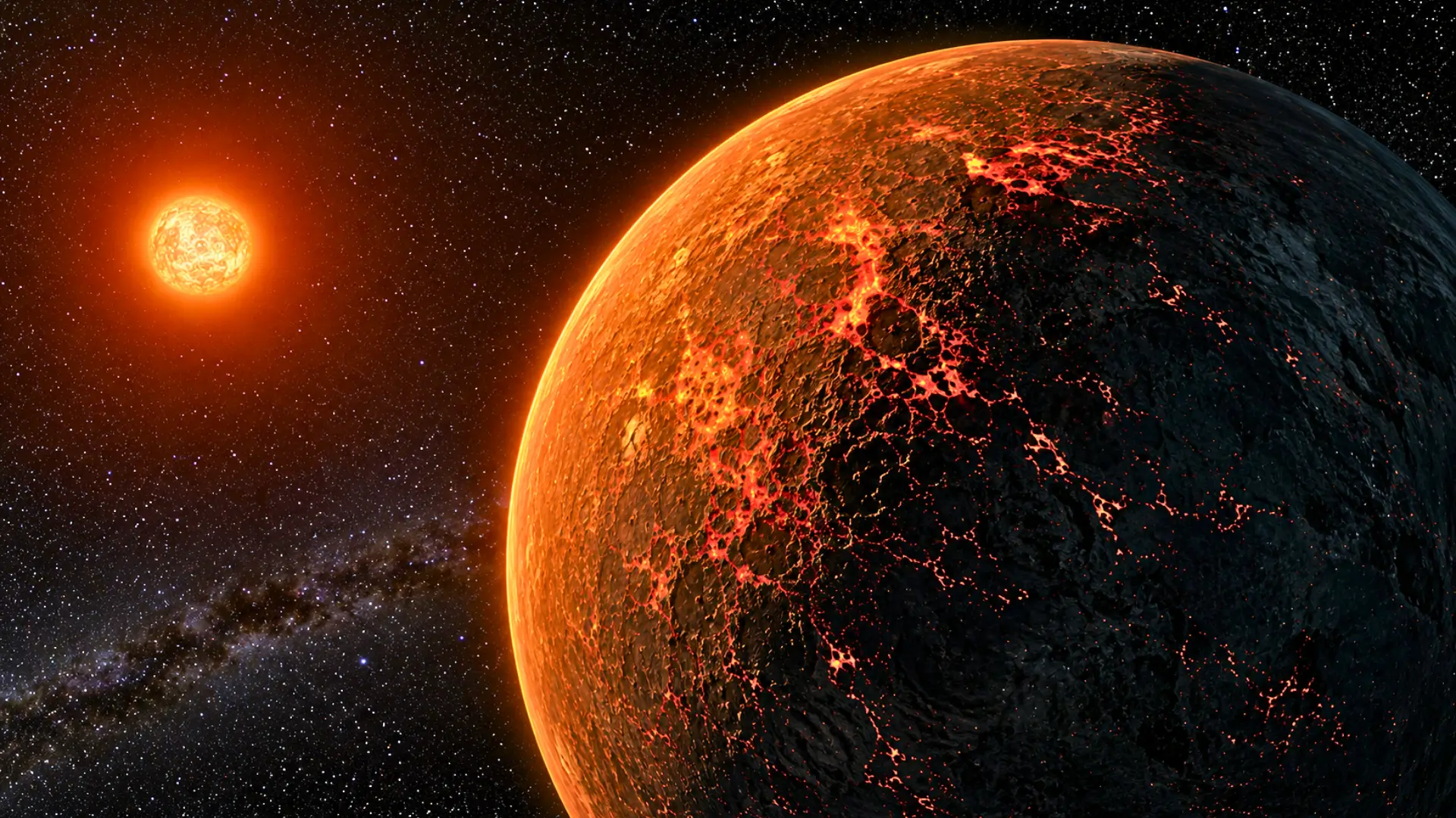 Illustration réaliste de l’exoplanète rocheuse LHS 3844b chauffée par son étoile, avec une surface volcanique sombre et incandescente observée dans l’espace profond.