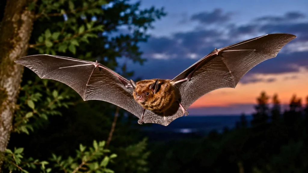 Grande noctule en vol au-dessus d’une forêt européenne à la nuit tombante.