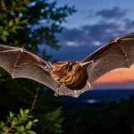 Grande noctule en vol au-dessus d’une forêt européenne à la nuit tombante.