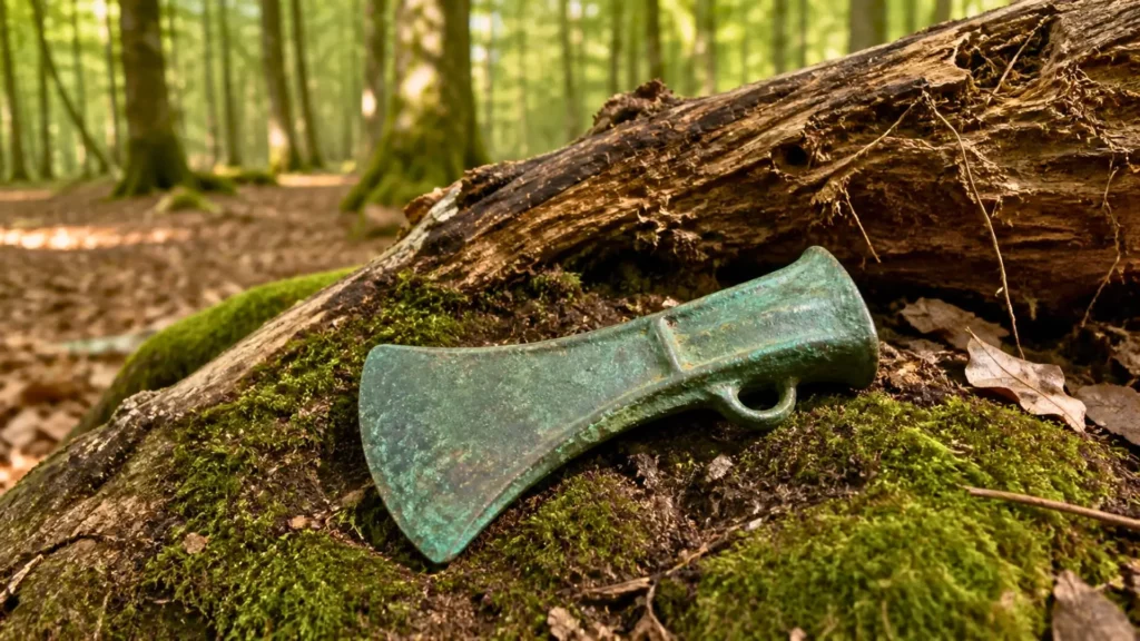 Hache en bronze verdigris posée sur des racines moussues en forêt anglaise.