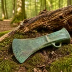 Hache en bronze verdigris posée sur des racines moussues en forêt anglaise.