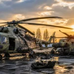 Deux hélicoptères militaires endommagés sur une base arrière après frappe de drones.