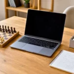 Ordinateur neutre, échiquier et carnet scientifique sur un bureau clair.