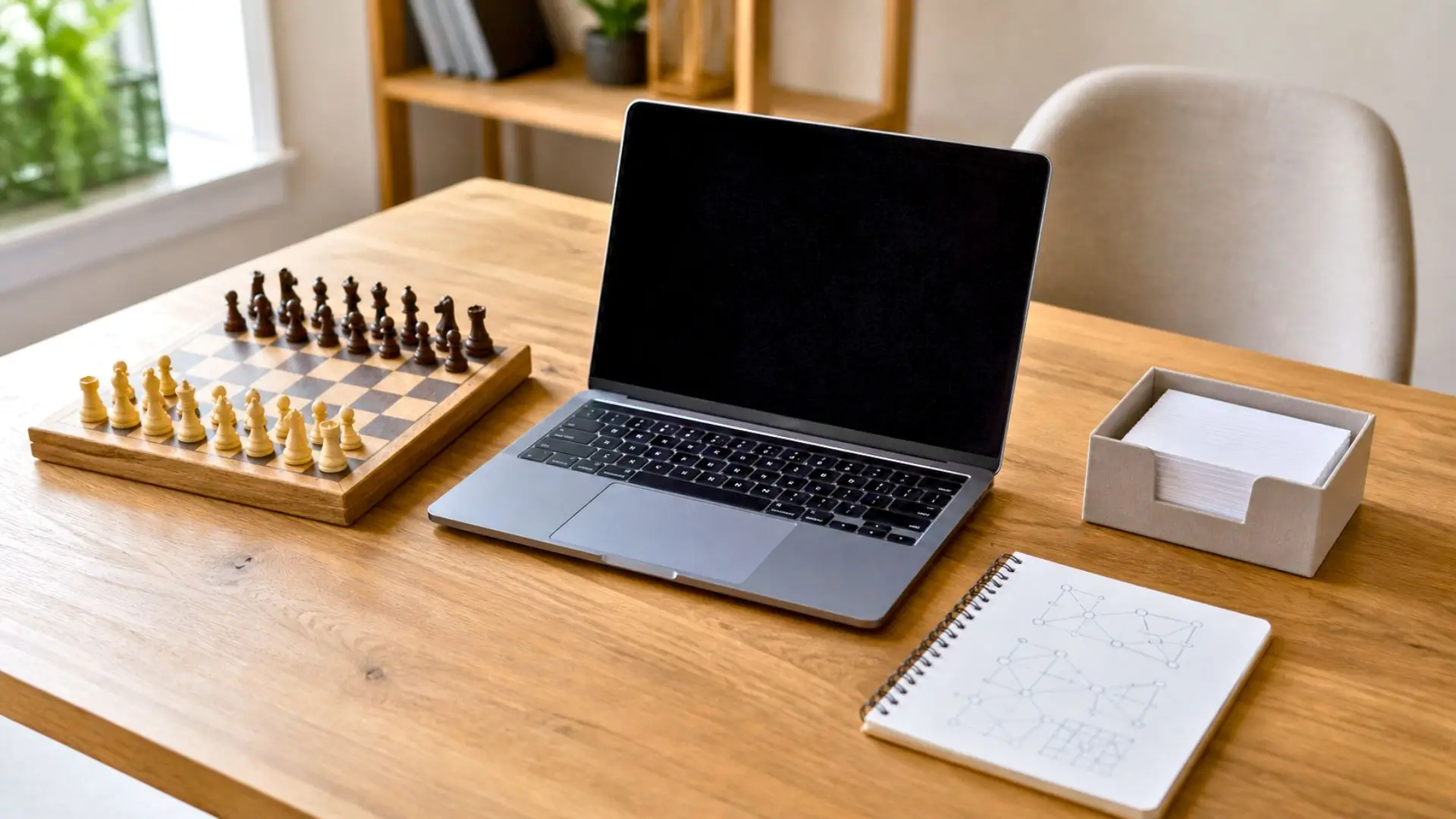 Ordinateur neutre, échiquier et carnet scientifique sur un bureau clair.