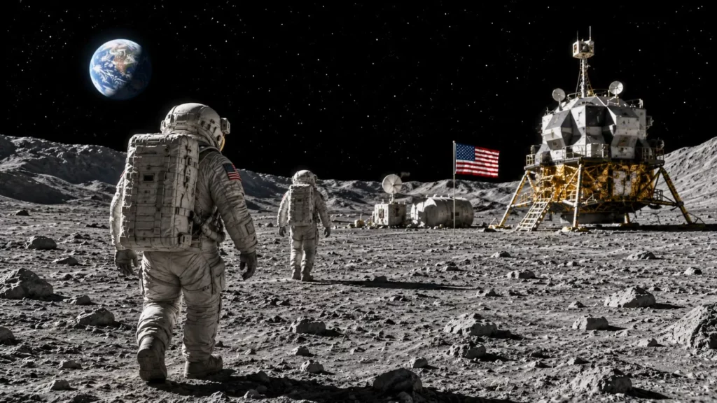 Installation lunaire neutre près d’un cratère ombragé au pôle Sud.