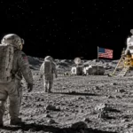 Installation lunaire neutre près d’un cratère ombragé au pôle Sud.