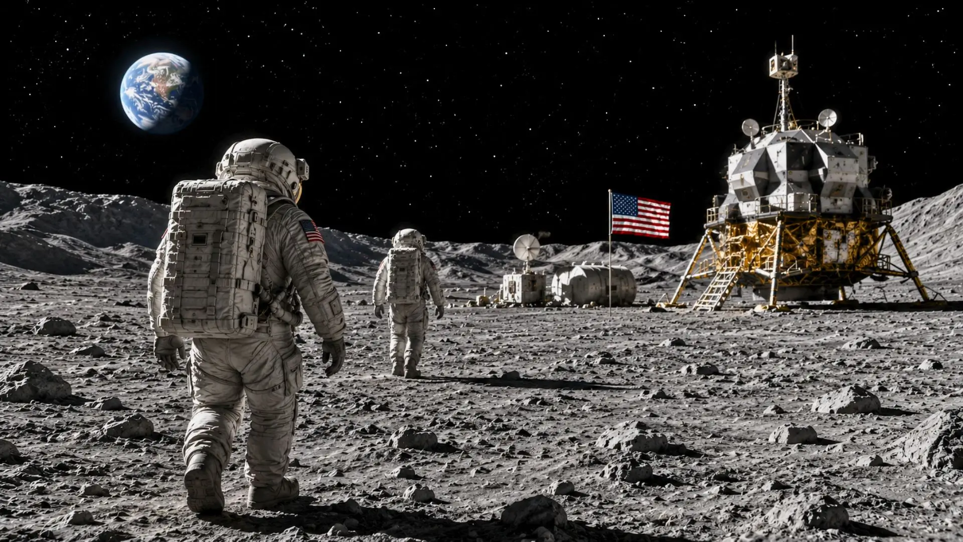 Installation lunaire neutre près d’un cratère ombragé au pôle Sud.