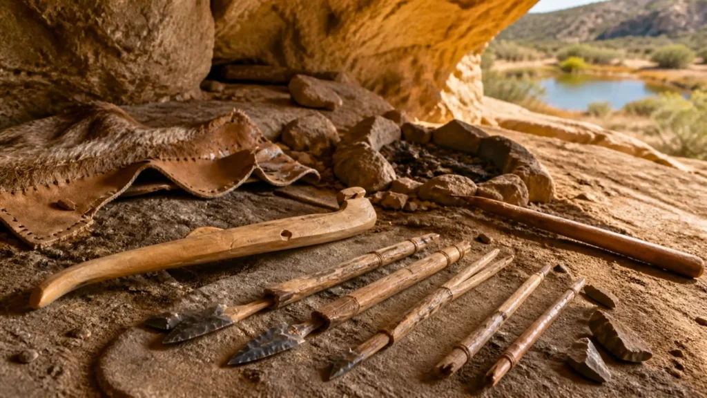 Kit de chasse ancien avec atlatl dans un abri rocheux texan.