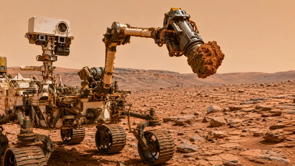 Le rover Curiosity sur Mars avec son bras robotisé soulevant une grosse roche rouge coincée dans sa foreuse.