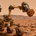 Le rover Curiosity sur Mars avec son bras robotisé soulevant une grosse roche rouge coincée dans sa foreuse.