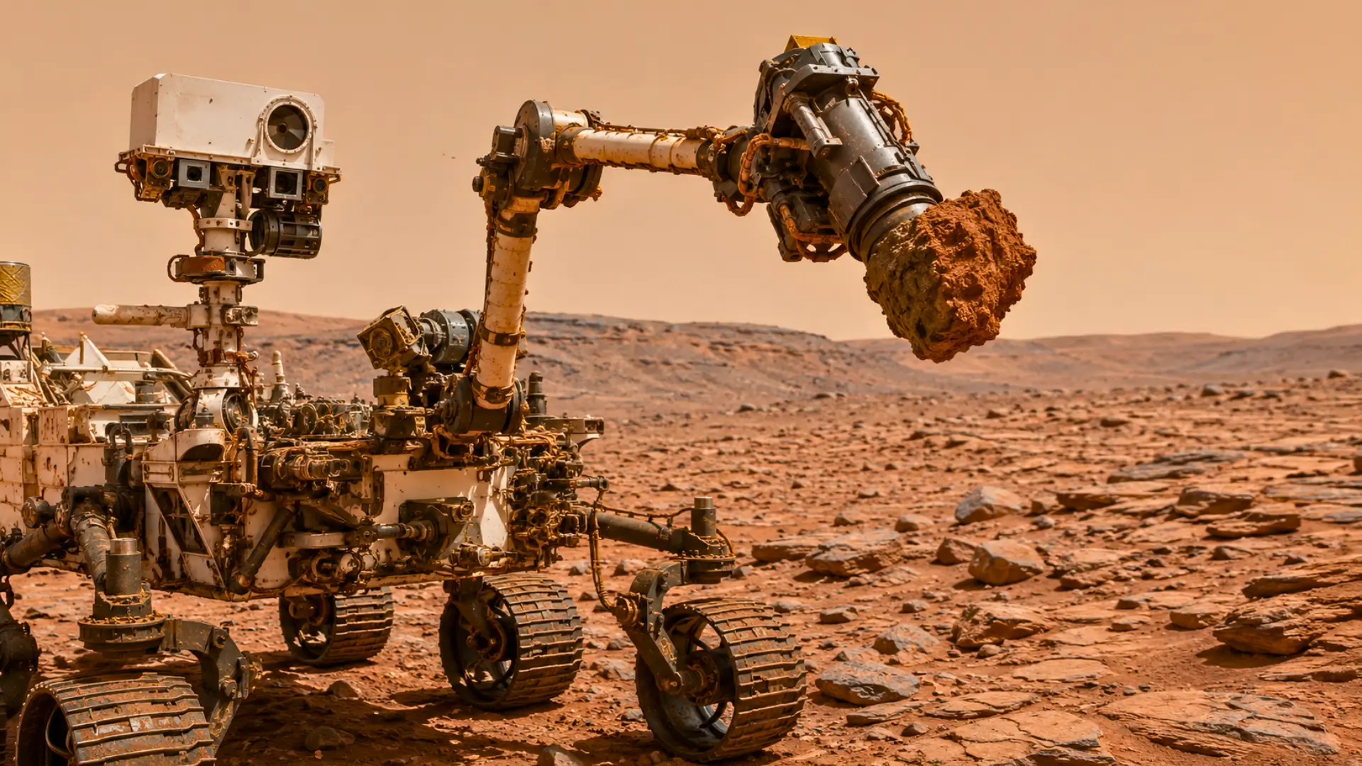 Le rover Curiosity sur Mars avec son bras robotisé soulevant une grosse roche rouge coincée dans sa foreuse.