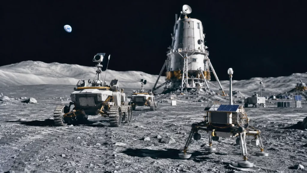 Rovers et équipements autonomes déployés sur le sol lunaire près d’un atterrisseur, illustrant les premières étapes d’une future base de la NASA.