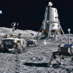 Rovers et équipements autonomes déployés sur le sol lunaire près d’un atterrisseur, illustrant les premières étapes d’une future base de la NASA.