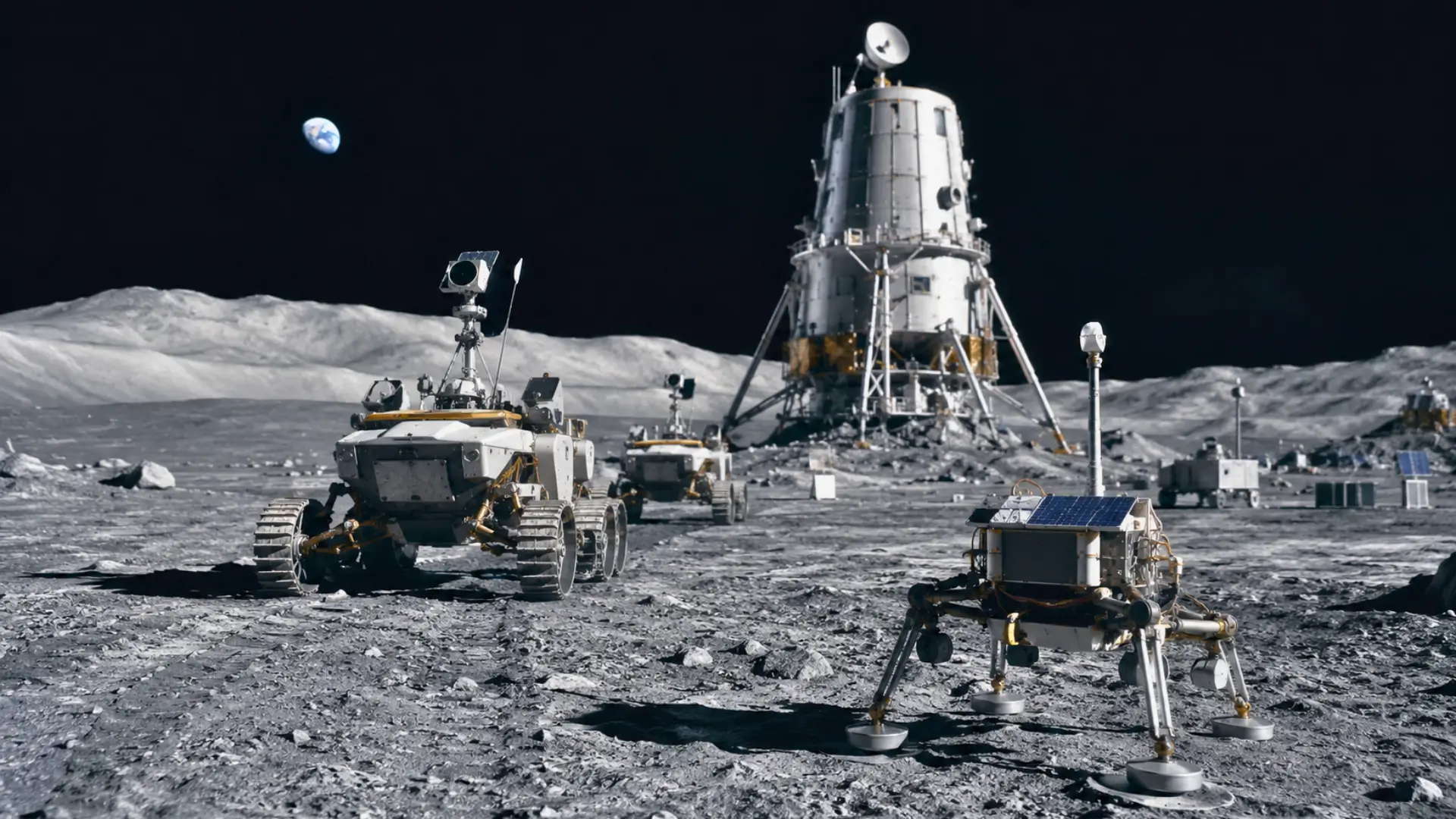 Rovers et équipements autonomes déployés sur le sol lunaire près d’un atterrisseur, illustrant les premières étapes d’une future base de la NASA.