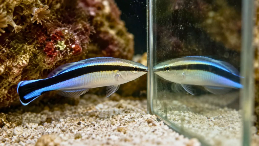 Labre nettoyeur face à son reflet dans un aquarium marin rocheux.