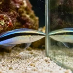 Labre nettoyeur face à son reflet dans un aquarium marin rocheux.