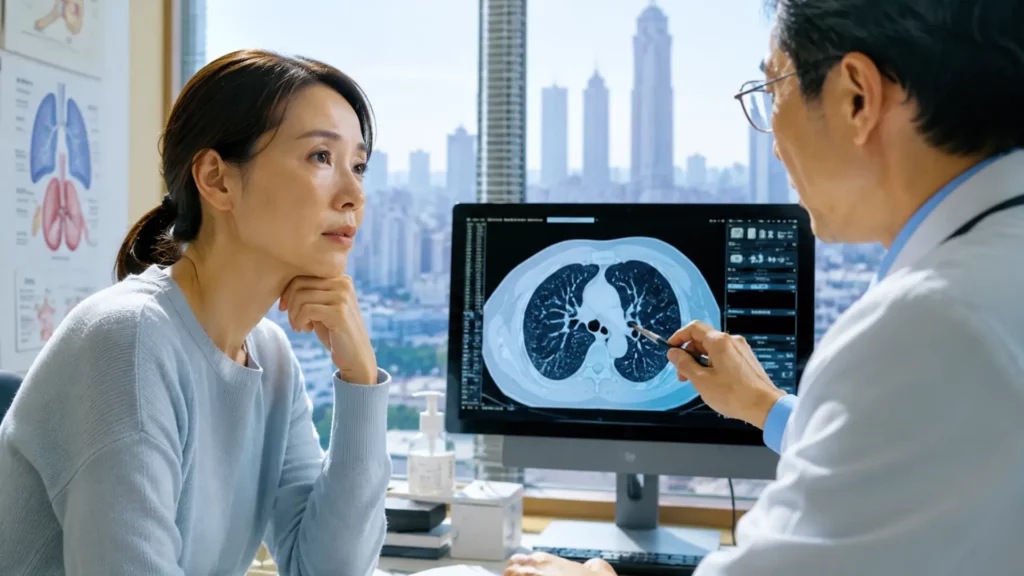 Médecin montrant un scanner pulmonaire à une femme non-fumeuse dans un cabinet médical moderne