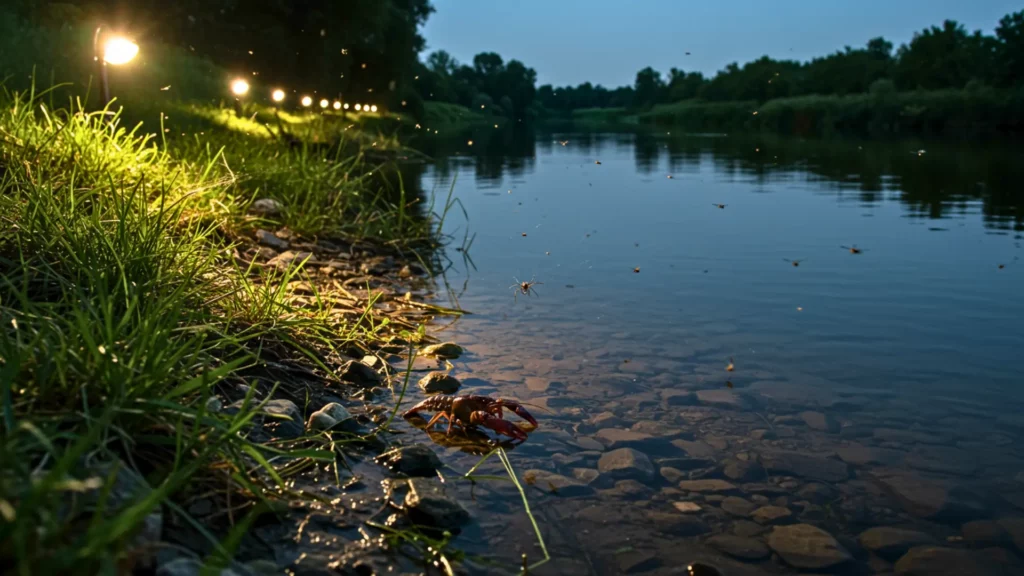 Rivière éclairée la nuit avec une araignée sur sa toile et une écrevisse dans l’eau sous lumière artificielle