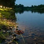 Rivière éclairée la nuit avec une araignée sur sa toile et une écrevisse dans l’eau sous lumière artificielle