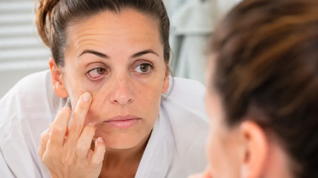 Femme fatiguée examinant une paupière irritée devant un miroir au réveil