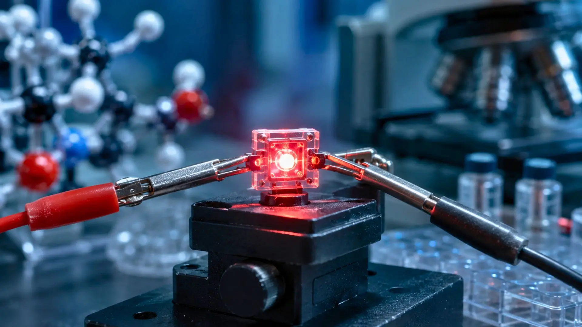 LED infrarouge expérimentale allumée entre deux sondes sur une paillasse de laboratoire.