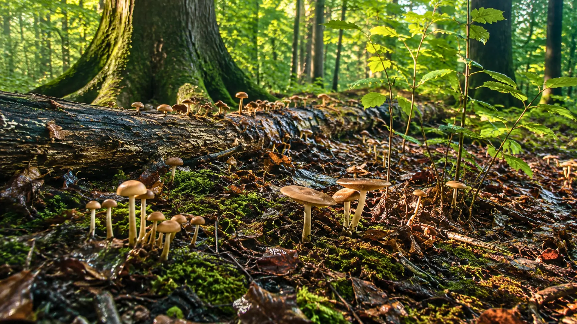 Champignons poussant sur un sol forestier humide, près d’un tronc couché et de jeunes pousses éclairées par la lumière du sous-bois.