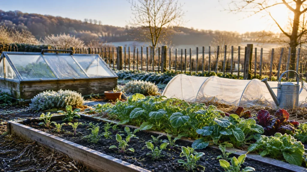 Potager au lever du soleil avec légumes recouverts d’une légère gelée printanière en France
