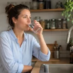 Femme buvant un verre d’eau du robinet dans sa cuisine moderne en France